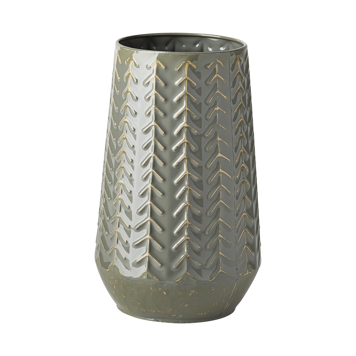 Picture of HomeRoots 397570 11 in. Green & Gray Organically Chevron Embossed Metal Vase