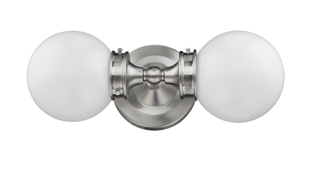 Fairfax 2-Light Satin Nickel Vanity with White Globe Shades