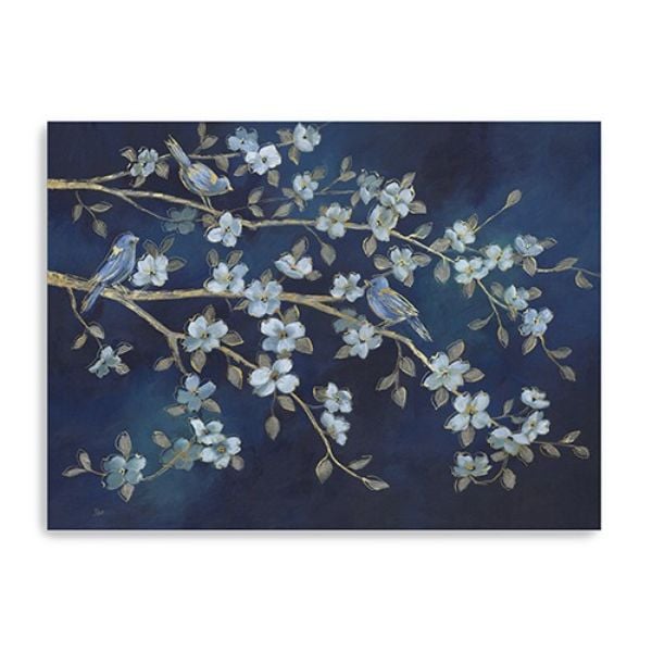 24 x 18 in. Watercolor Midnight Bird Rendevouz Blue Canvas Wall Art
