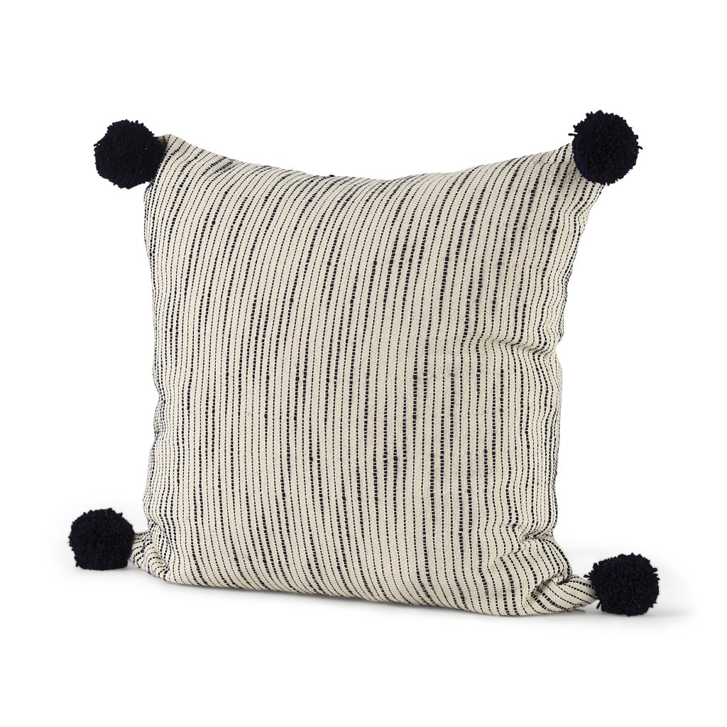 Beige & Midnight Pom Pom Square Accent Pillow Cover, Cream