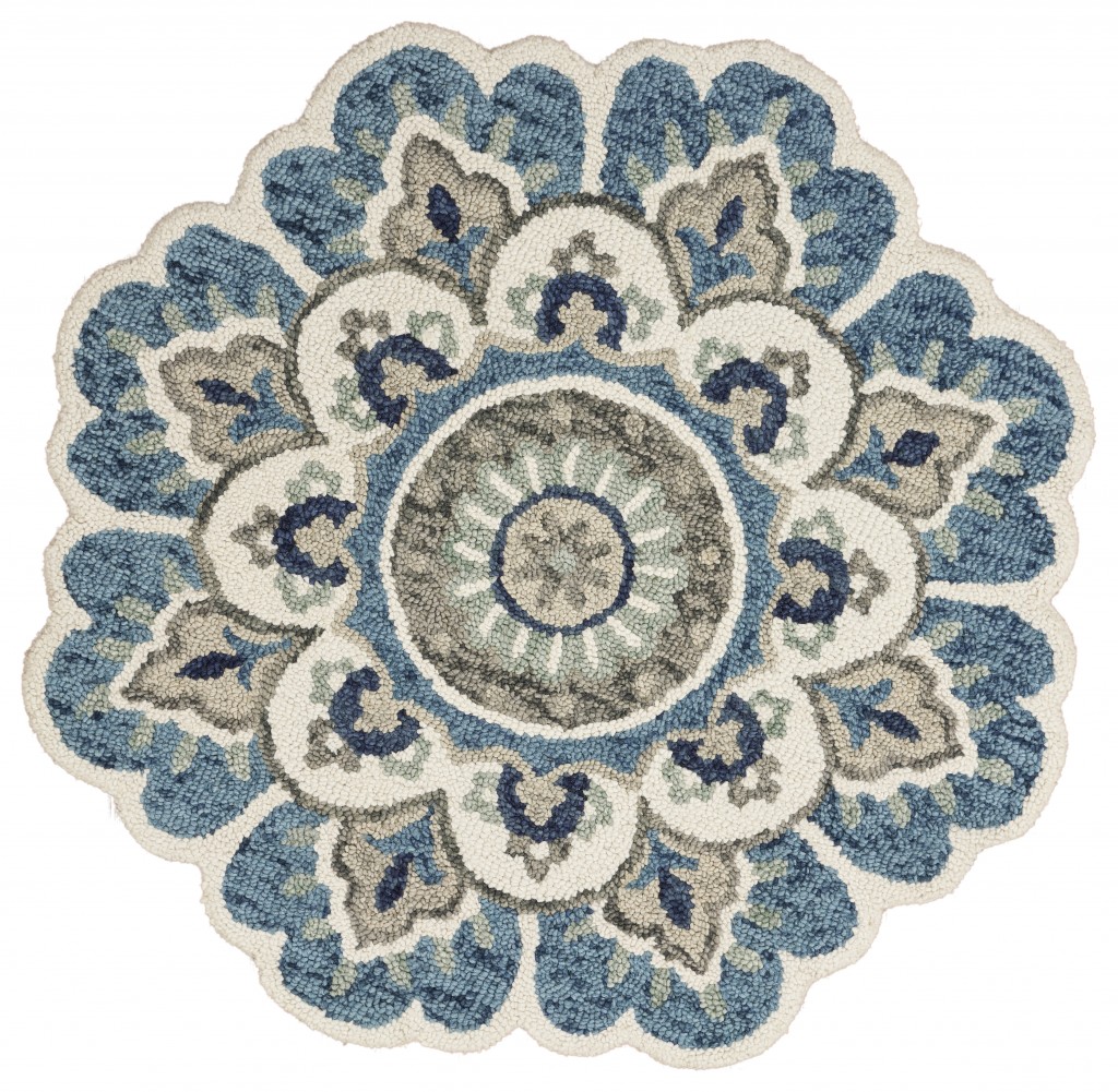 393676 6 ft. Round Blue Modern Floral Area Rug
