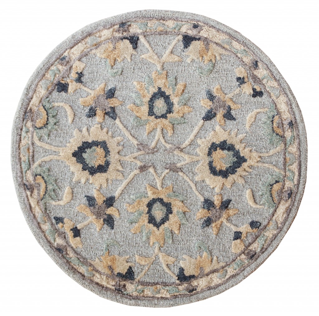 393706 3 ft. Round Blue & Beige Floral Area Rug