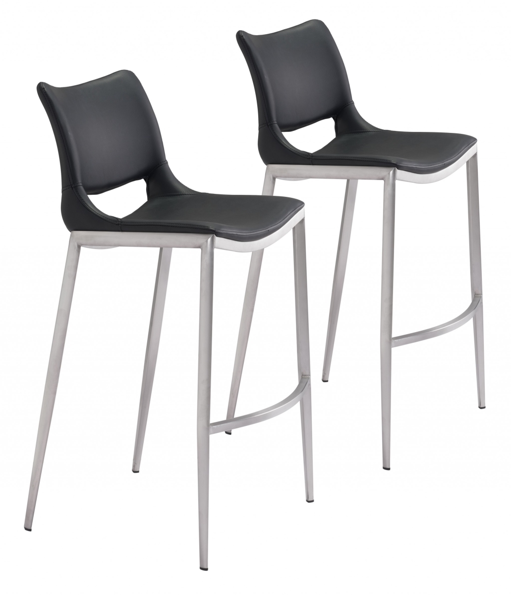 Black Faux Leather & Silver Mod Ergo Bar Chairs - Set of 2