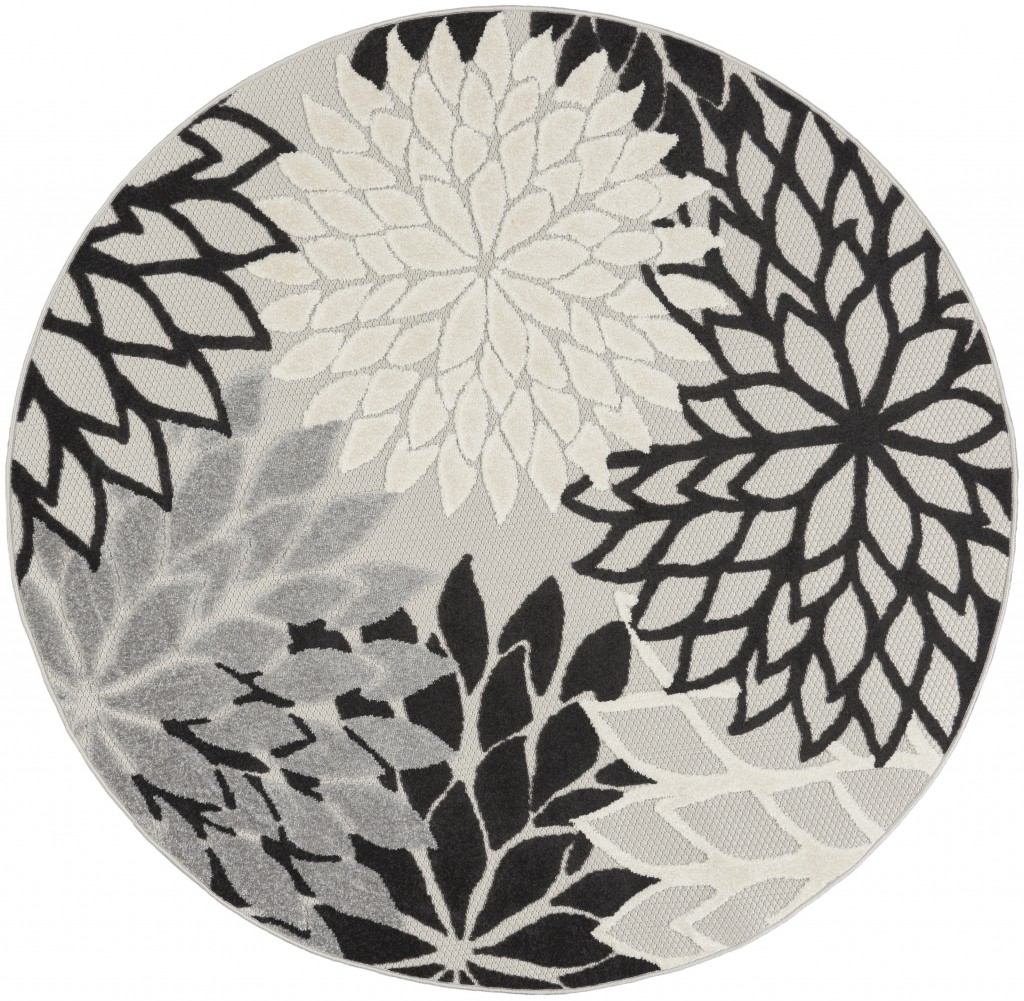 4 ft. Round Black Gray White Indoor & Outdoor Area Rug