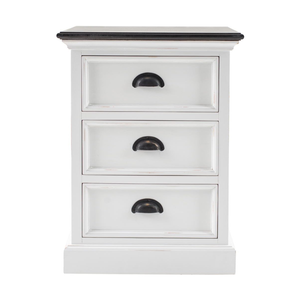 397619 Three Drawer Nightstand, White Distressed & Deep Brown