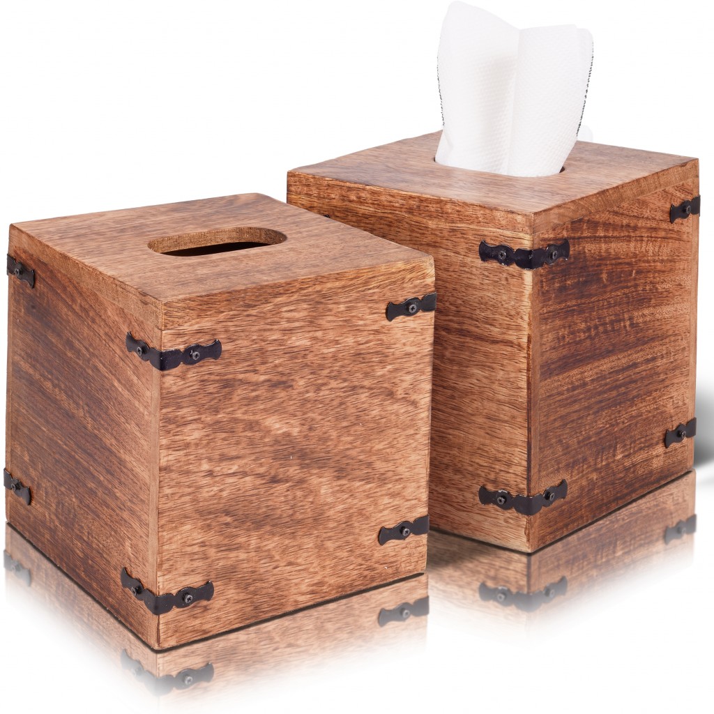 Picture of HomeRoots 397647 Rustic Mango Wood Square Tissue Holders&#44; Natural - Set of 2