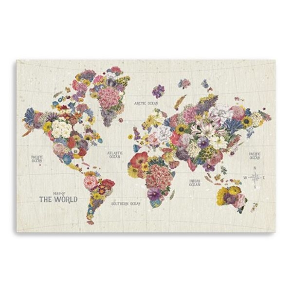 48 x 32 in. Natural Fun Floral Map of the World Canvas Wall Art