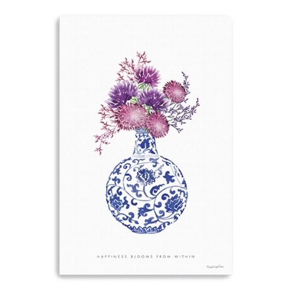 36 x 24 in. Blue & White Happiness Floral Vase Canvas Wall Art