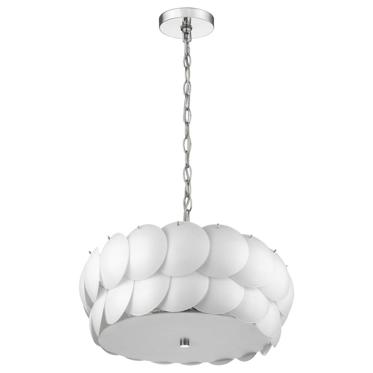 399199 10.5 x 23 x 23 in. Selene 6-Light Polished Chrome Pendant with Overlapping Frosted White Glass Discs Shade