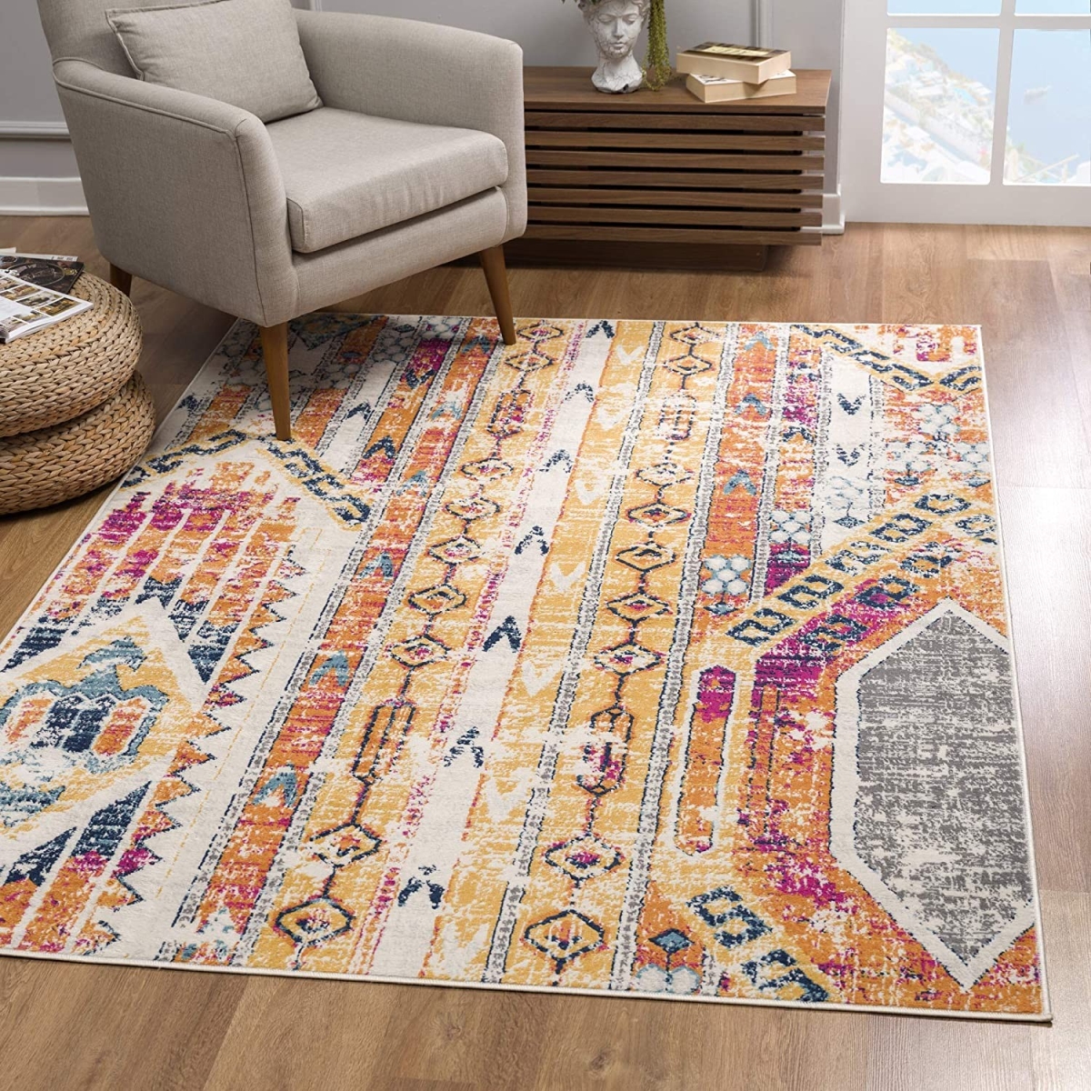 8 x 11 ft. Gold & Ivory Distressed Tribal Area Rug