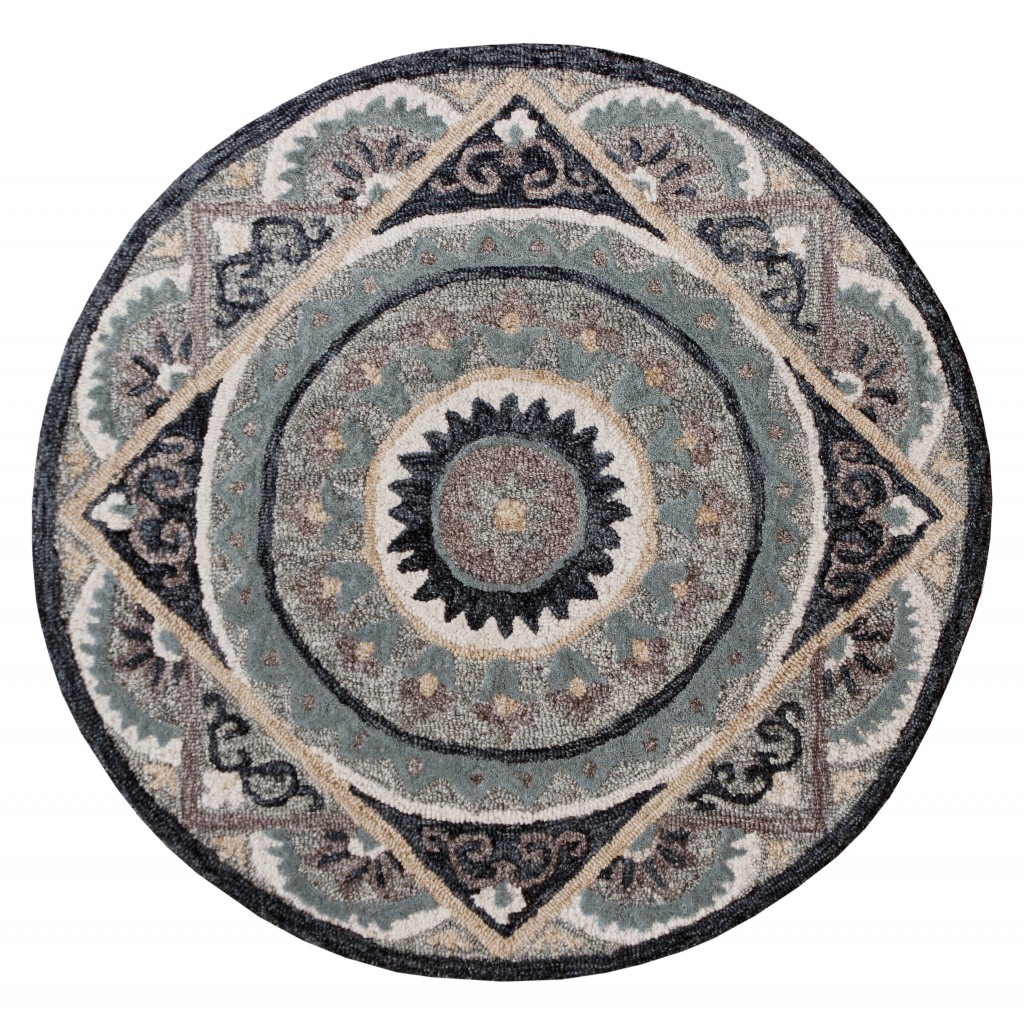 3 ft. Round Gray Geometric Medallion Area Rug - Gray - 3'