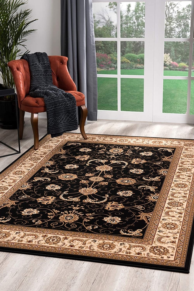 5 x 8 ft. Black & Tan Floral Vines Area Rug