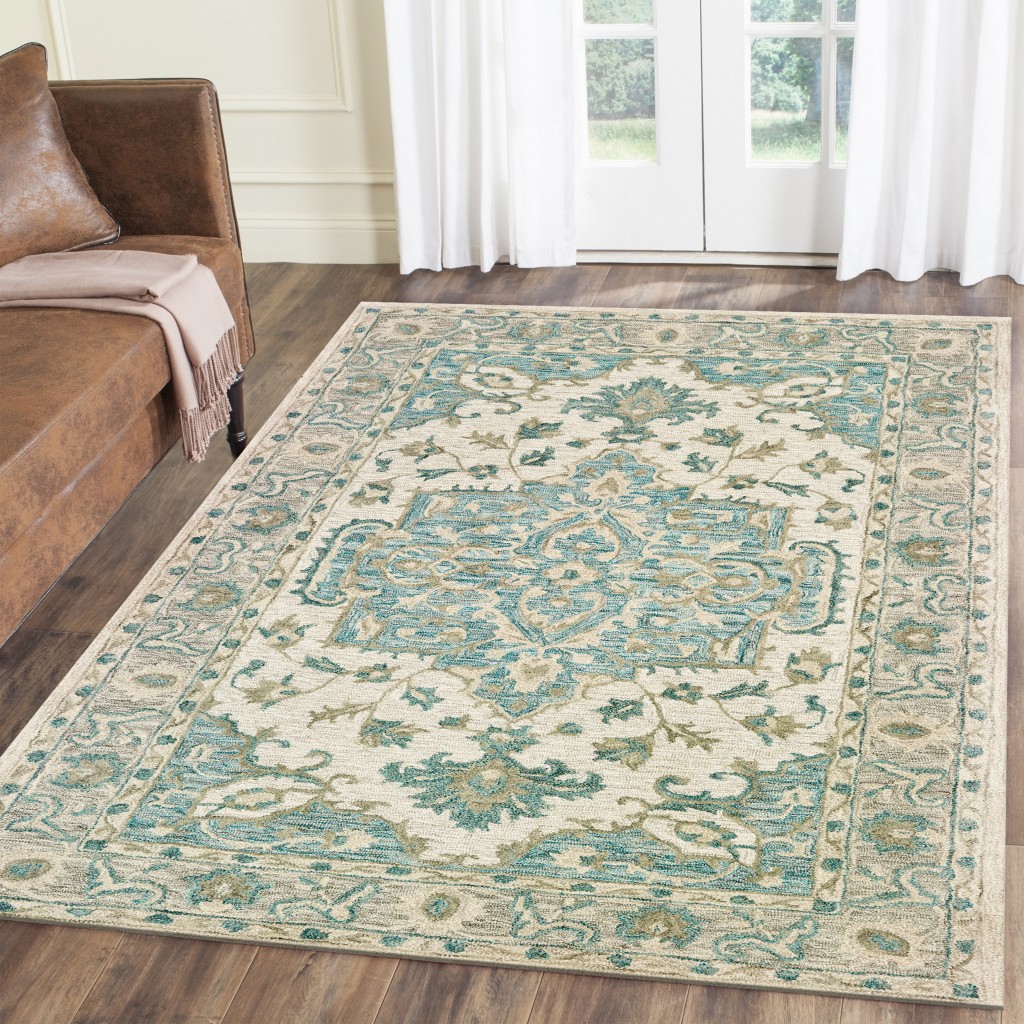 9 x 12 ft. Turquoise & Cream Medallion Area Rug