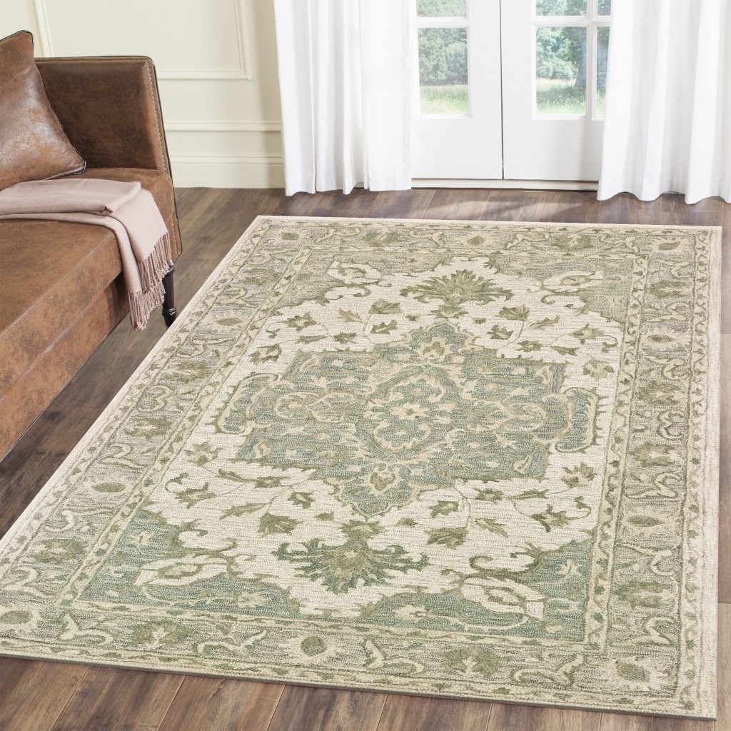 5 x 8 ft. Green & Cream Medallion Area Rug