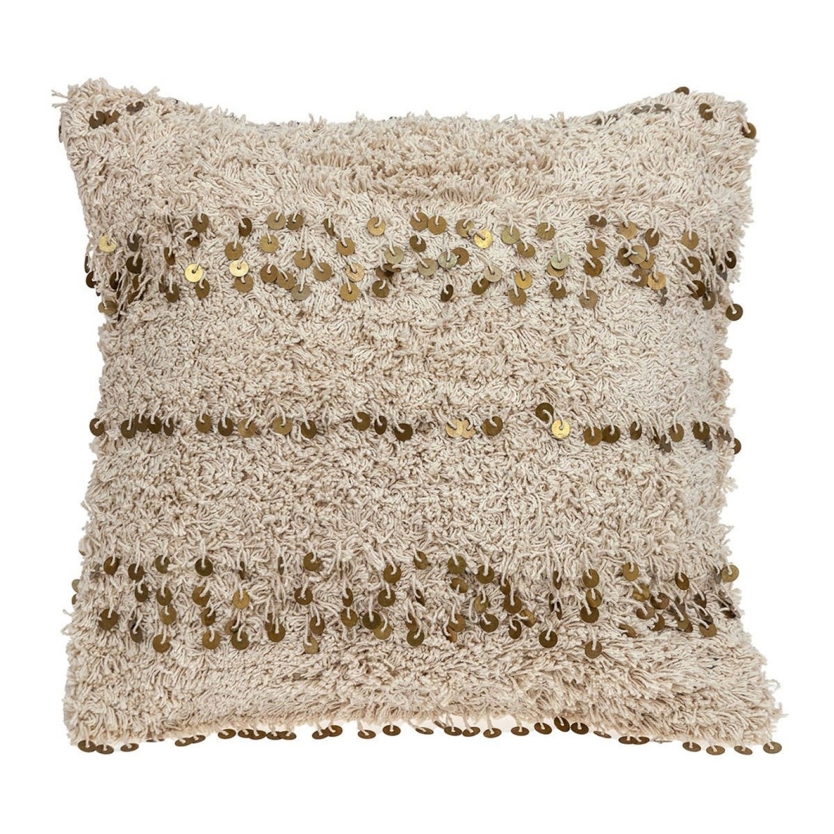 18 x 18 x 4 in. Beige Boho Woven Shaggy Sequin Throw Pillow