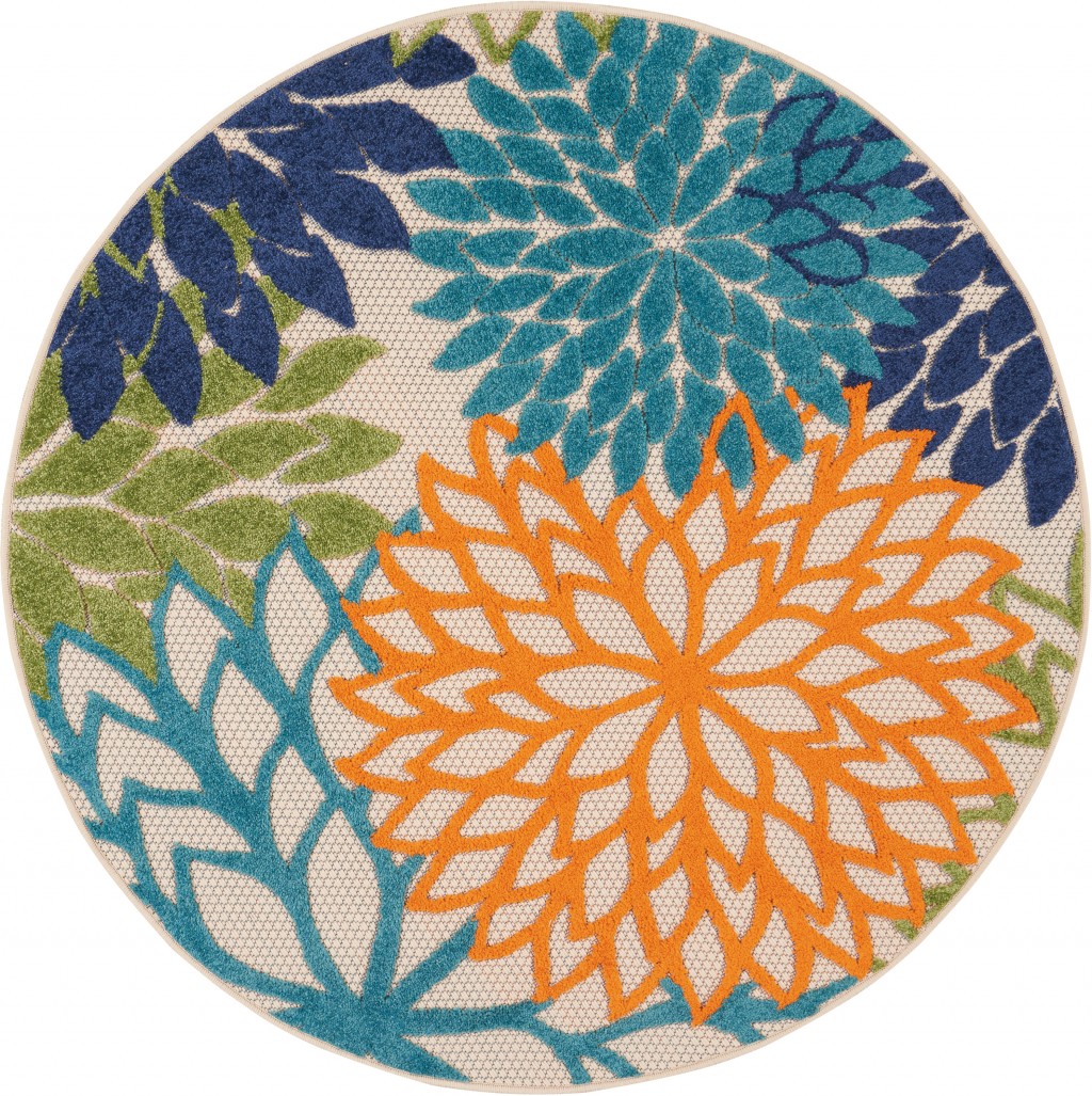 4 ft. Round Orange Floral Outdoor Area Rug