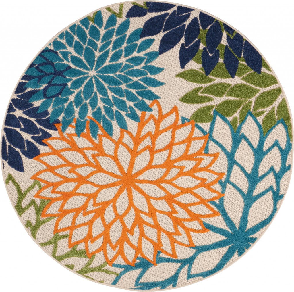 5 ft. Round Orange Floral Outdoor Area Rug - Orange - 5'