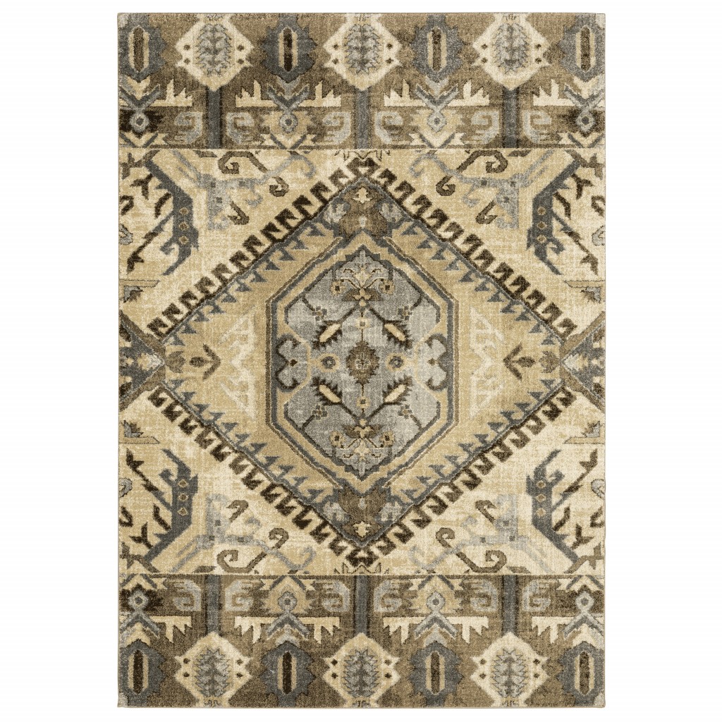 388062 7 x 10 ft. Tan & Gold Central Medallion Indoor Area Rug