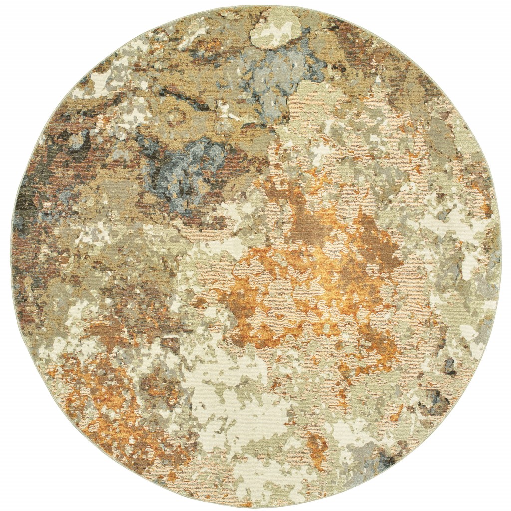 388075 8 ft. Round Modern Abstract Gold & Beige Indoor Area Rug
