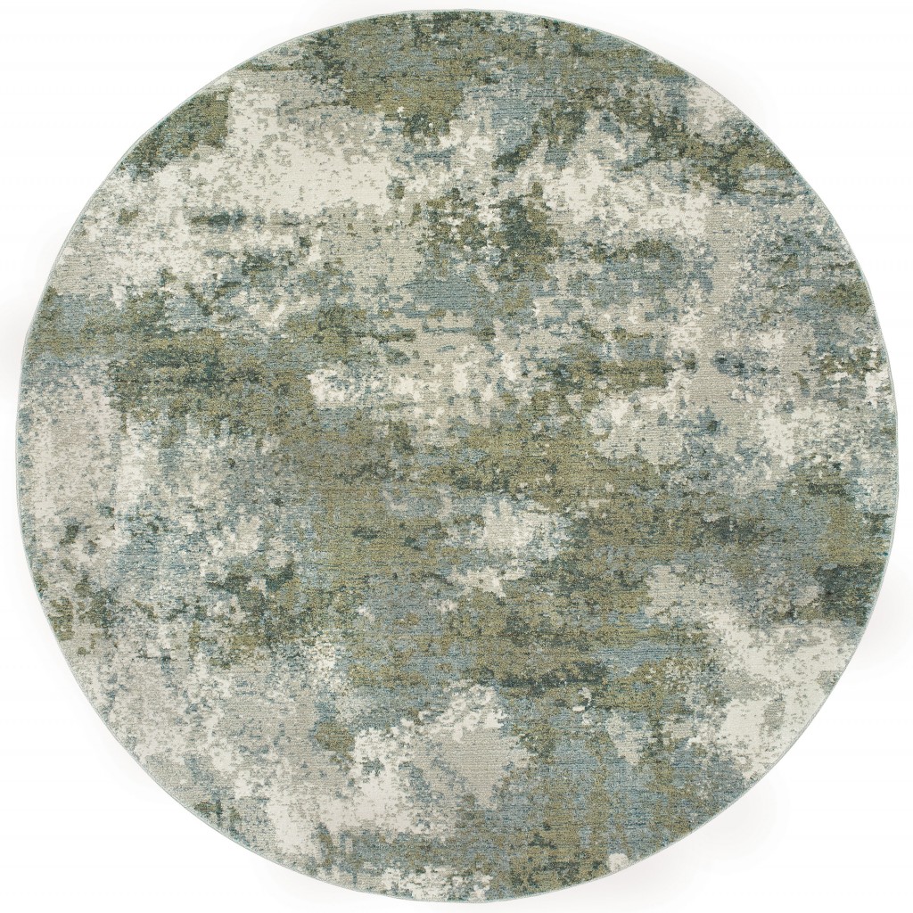 388077 8 ft. Round Blue & Sage Distressed Waves Indoor Area Rug