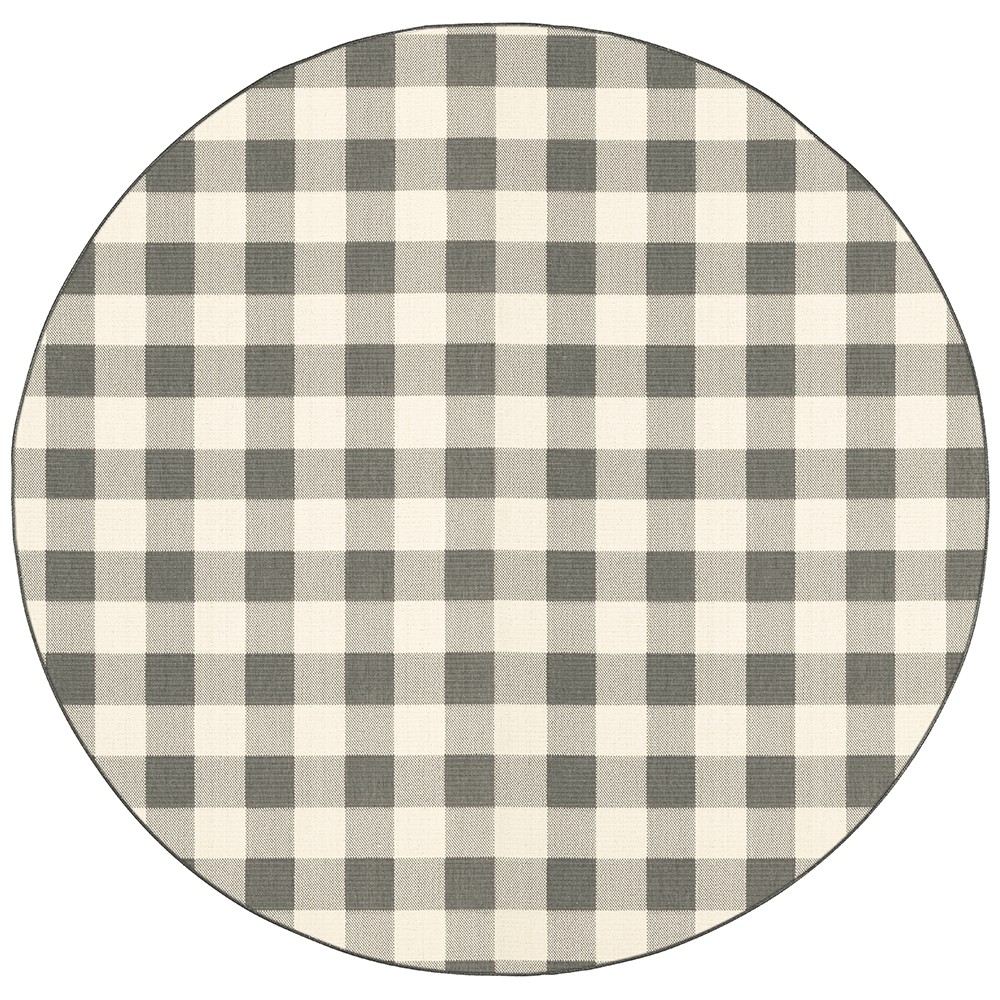 8 ft. Round Gray & Ivory Gingham Indoor & Outdoor Area Rug