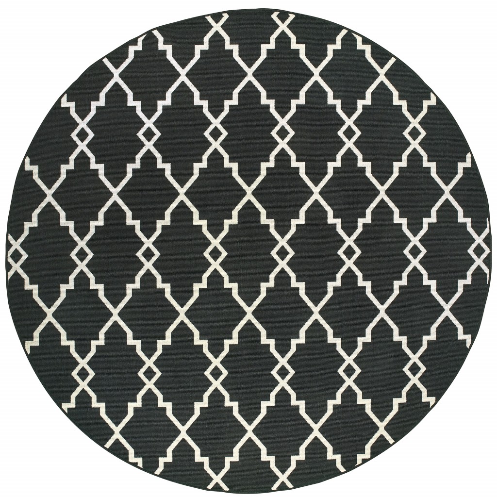8 ft. Round Black & Ivory Trellis Indoor & Outdoor Area Rug