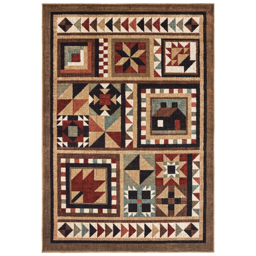 388871 7 x 9 ft. Brown & Red Ikat Patchwork Area Rug