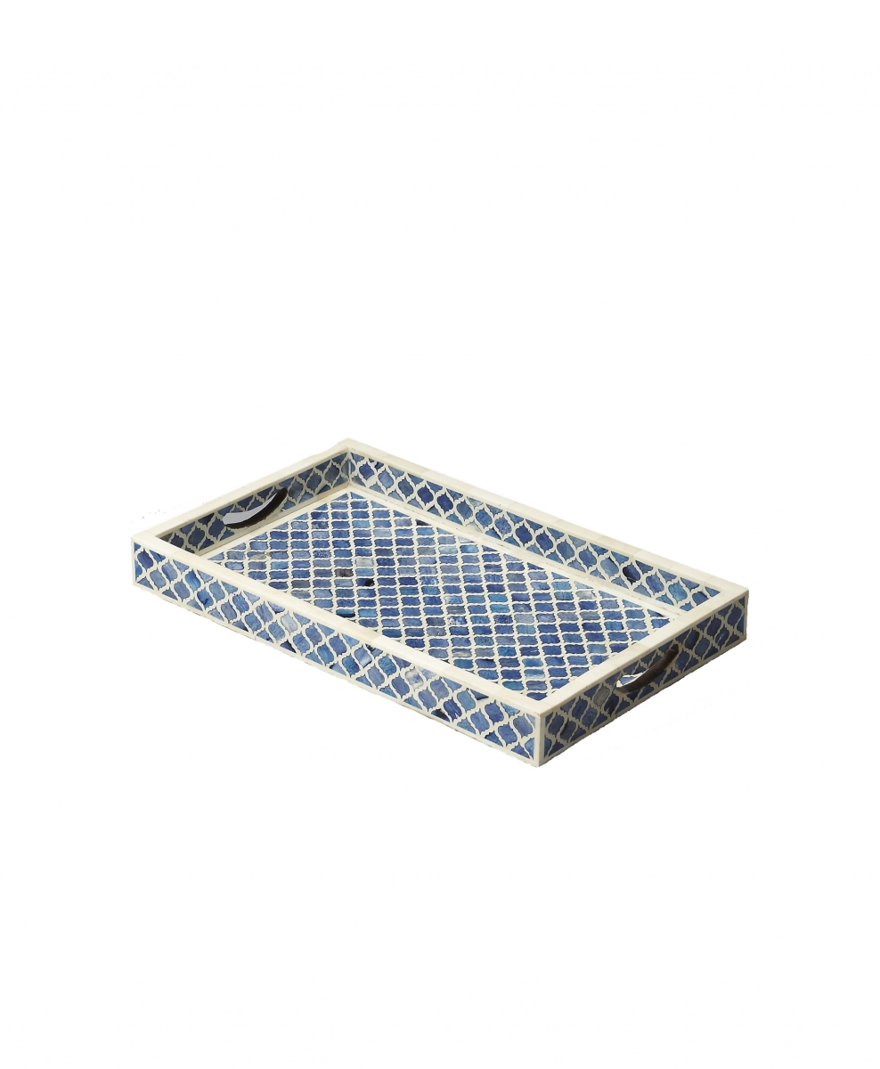 Picture of HomeRoots 388897 20 x 12 x 2 in. Blue Quatrefoil Bone Inlay Serving Tray