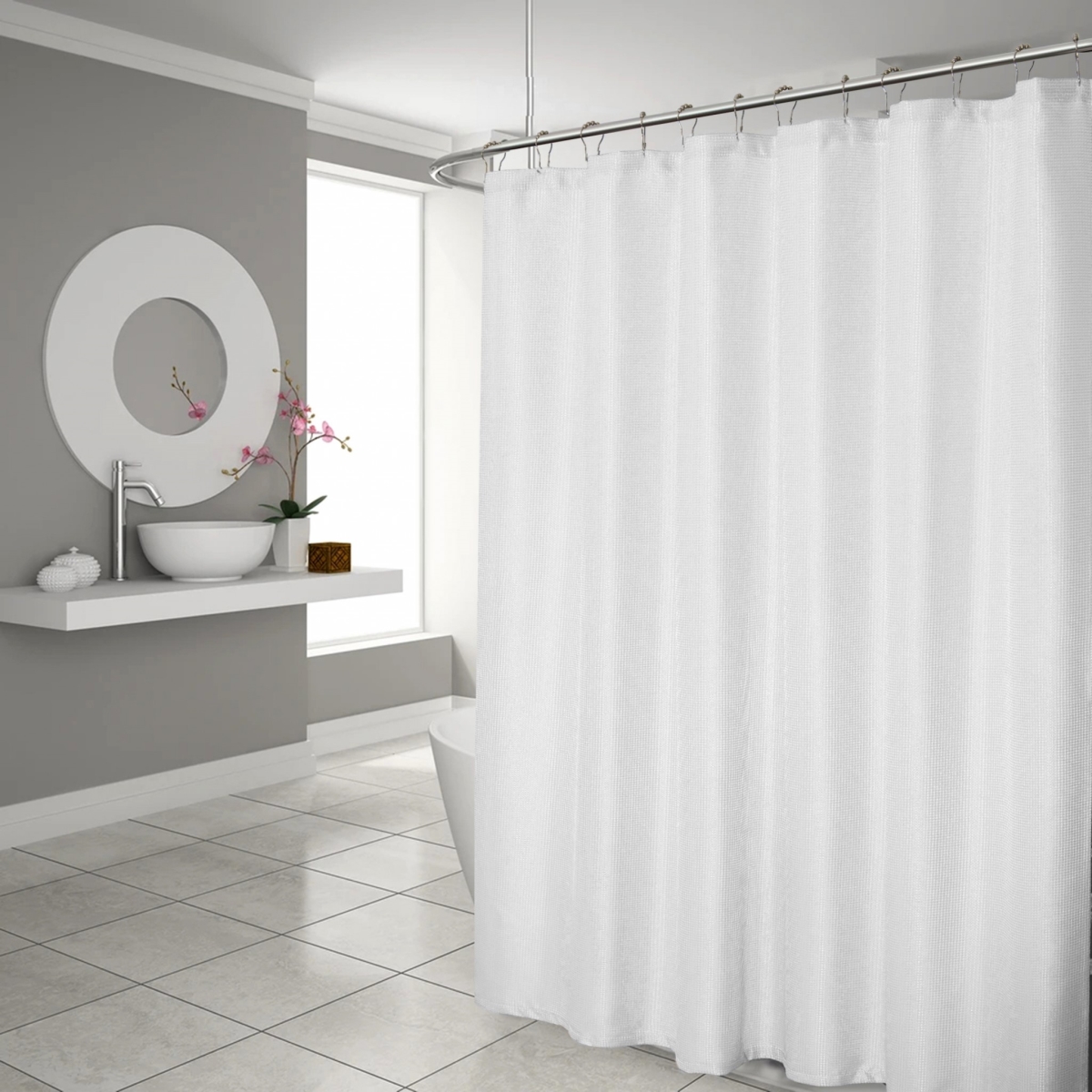 72 x 70 x 1 in. Luxurious White Waffle Weave Shower Curtain