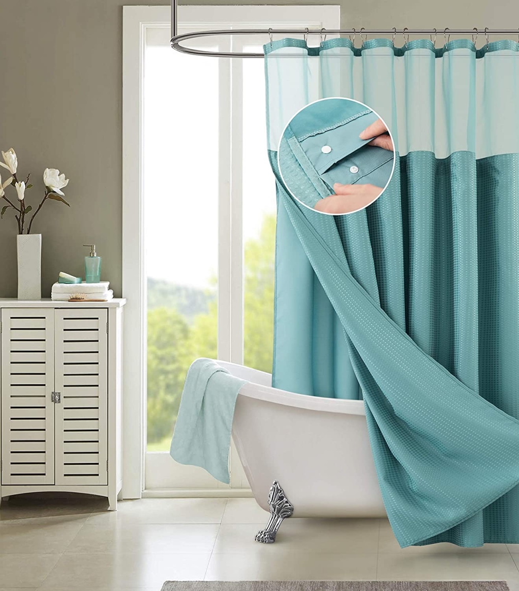 399754 Teal Sheer & Grid Shower Curtain & Liner Set