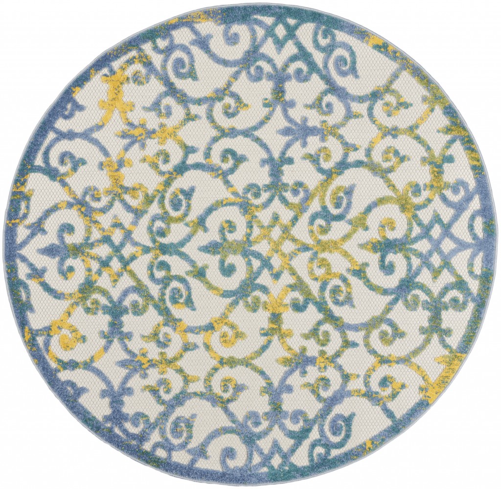 4 ft. Round Ivory & Blue Indoor & Outdoor Area Rug