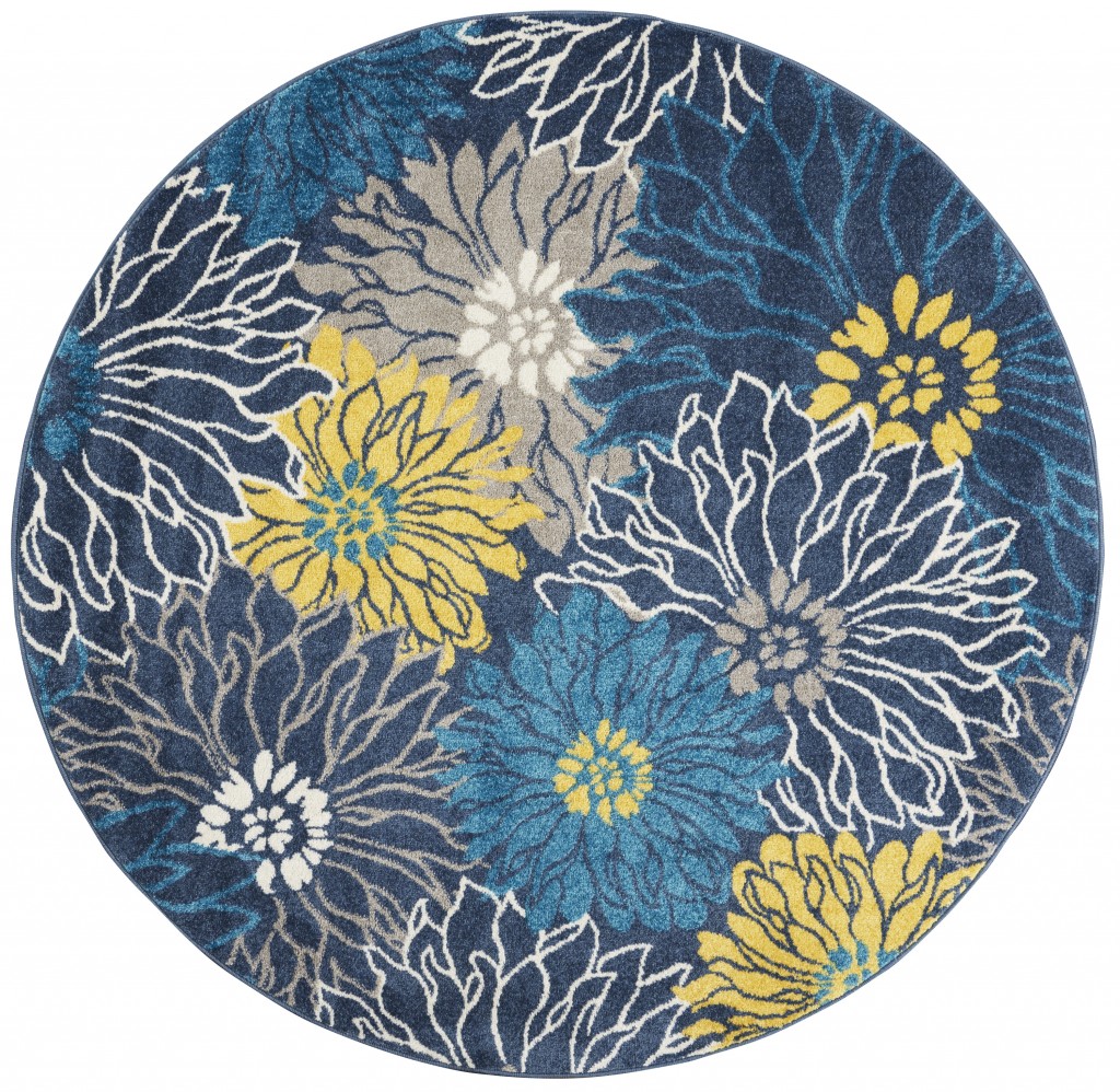 4 ft. Round Blue Tropical Flower Area Rug