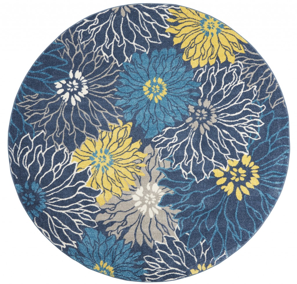 8 ft. Round Blue Tropical Flower Area Rug