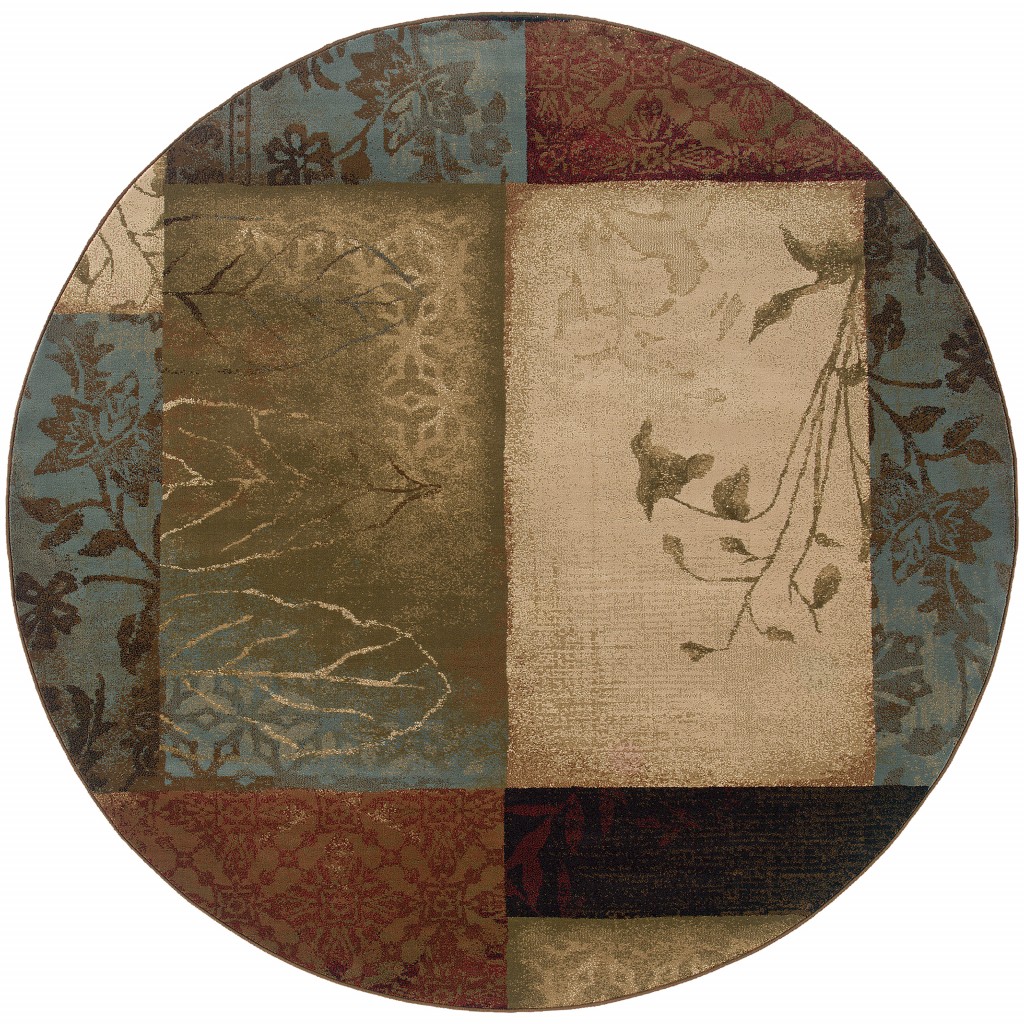 8 ft. Round Beige & Brown Floral Block Pattern Area Rug