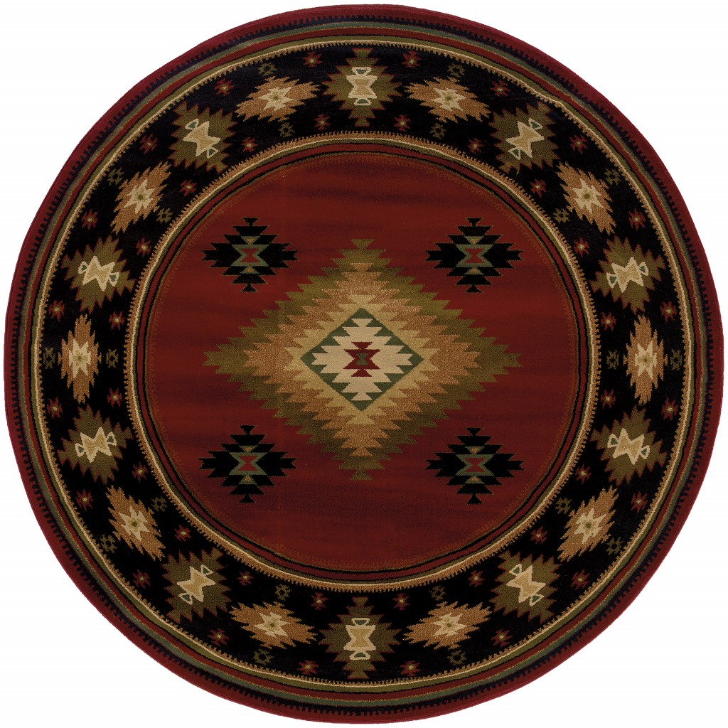 387973 8 ft. Round Red & Beige Ikat Pattern Area Rug