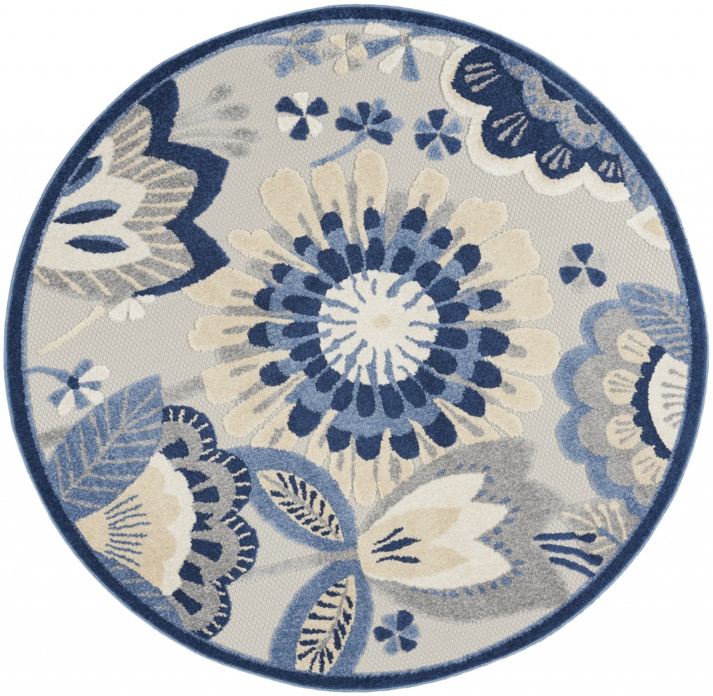 5 ft. Round Blue & Gray Indoor & Outdoor Area Rug - 5'3in.