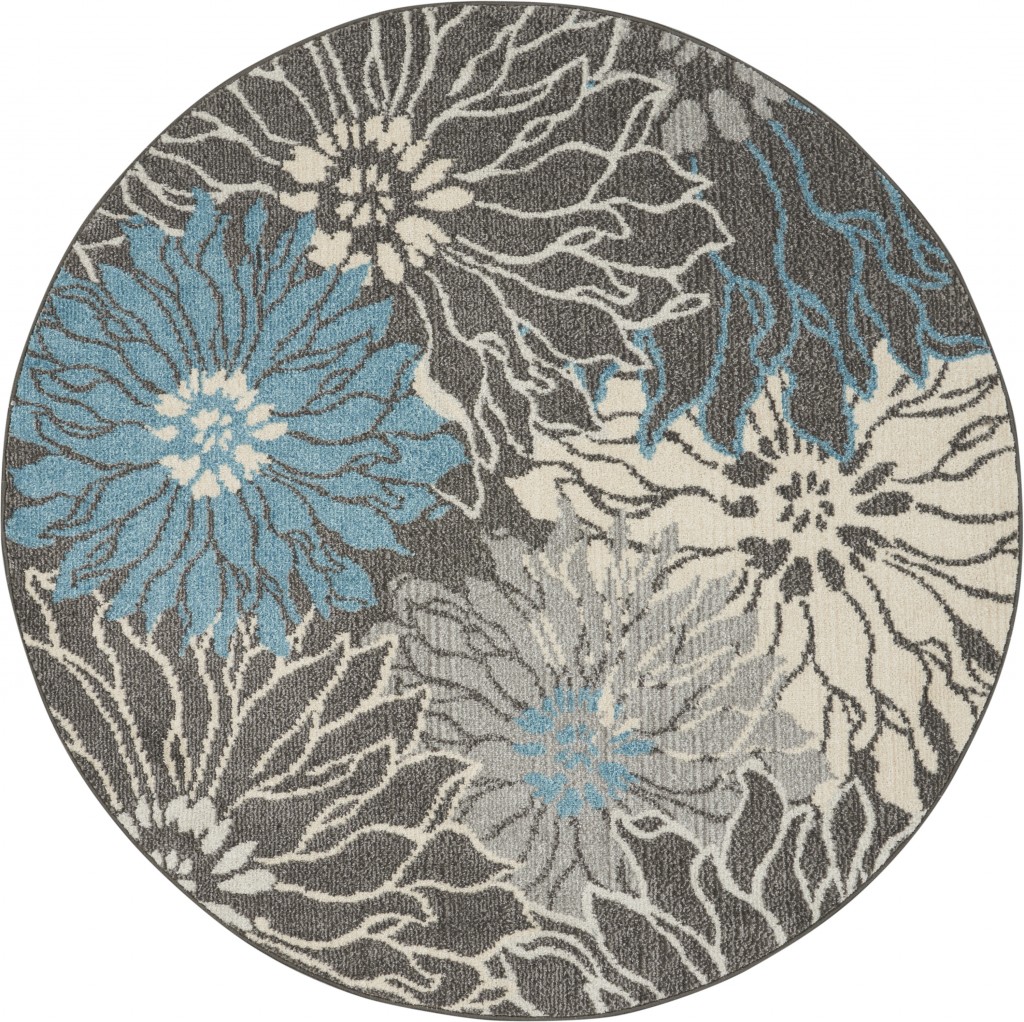 4 ft. Round Charcoal & Blue Big Flower Area Rug