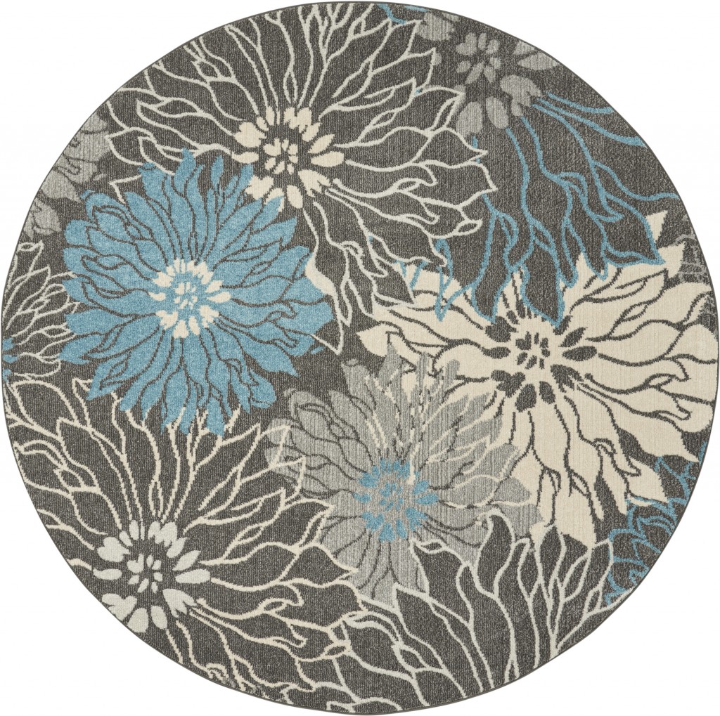 8 ft. Round Charcoal & Blue Big Flower Area Rug