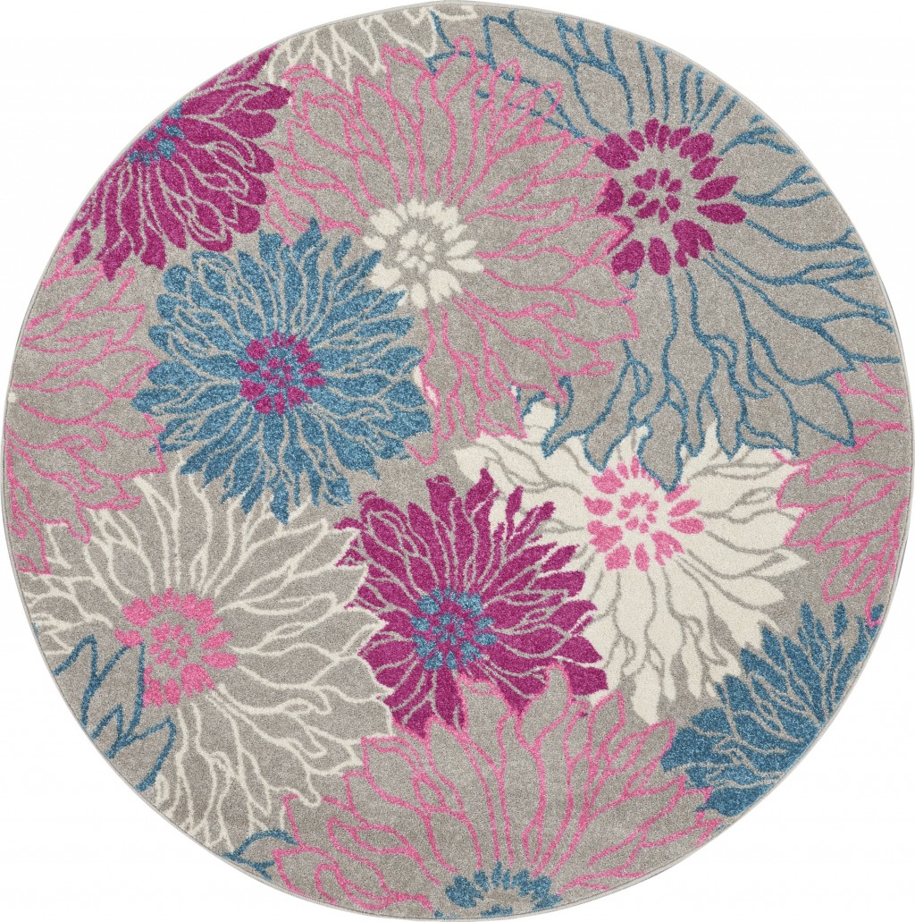 4 in. Tropical Flower Round Rug, Gray & Pink