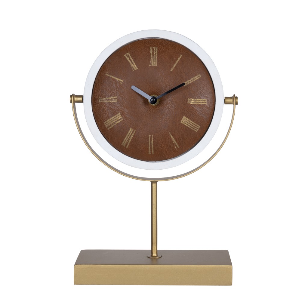 Picture of HomeRoots 389882 13 x 8 x 3.15 in. Golden Brown Faux Leather Table or Desk Clock