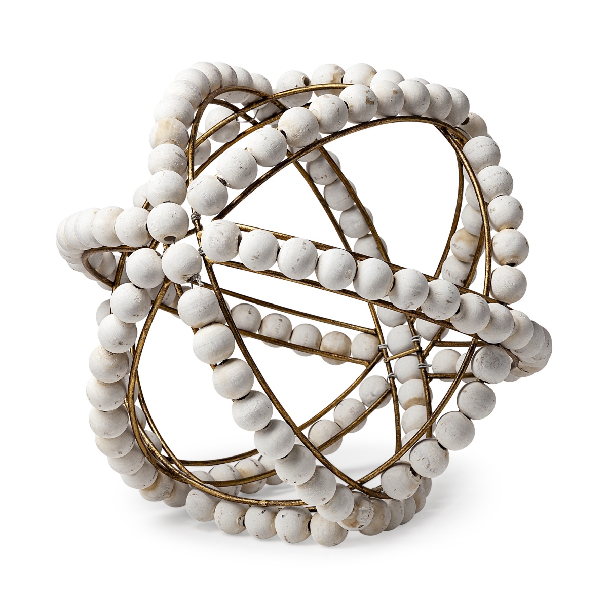 11 in. Wood Bead & Gold Orb Sculpture, White
