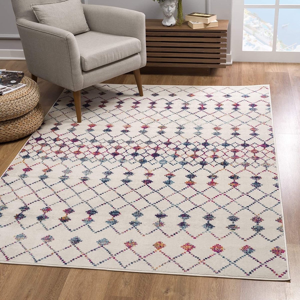 Modern Geometric Grid Area Rug - White - 2 x 5 ft.