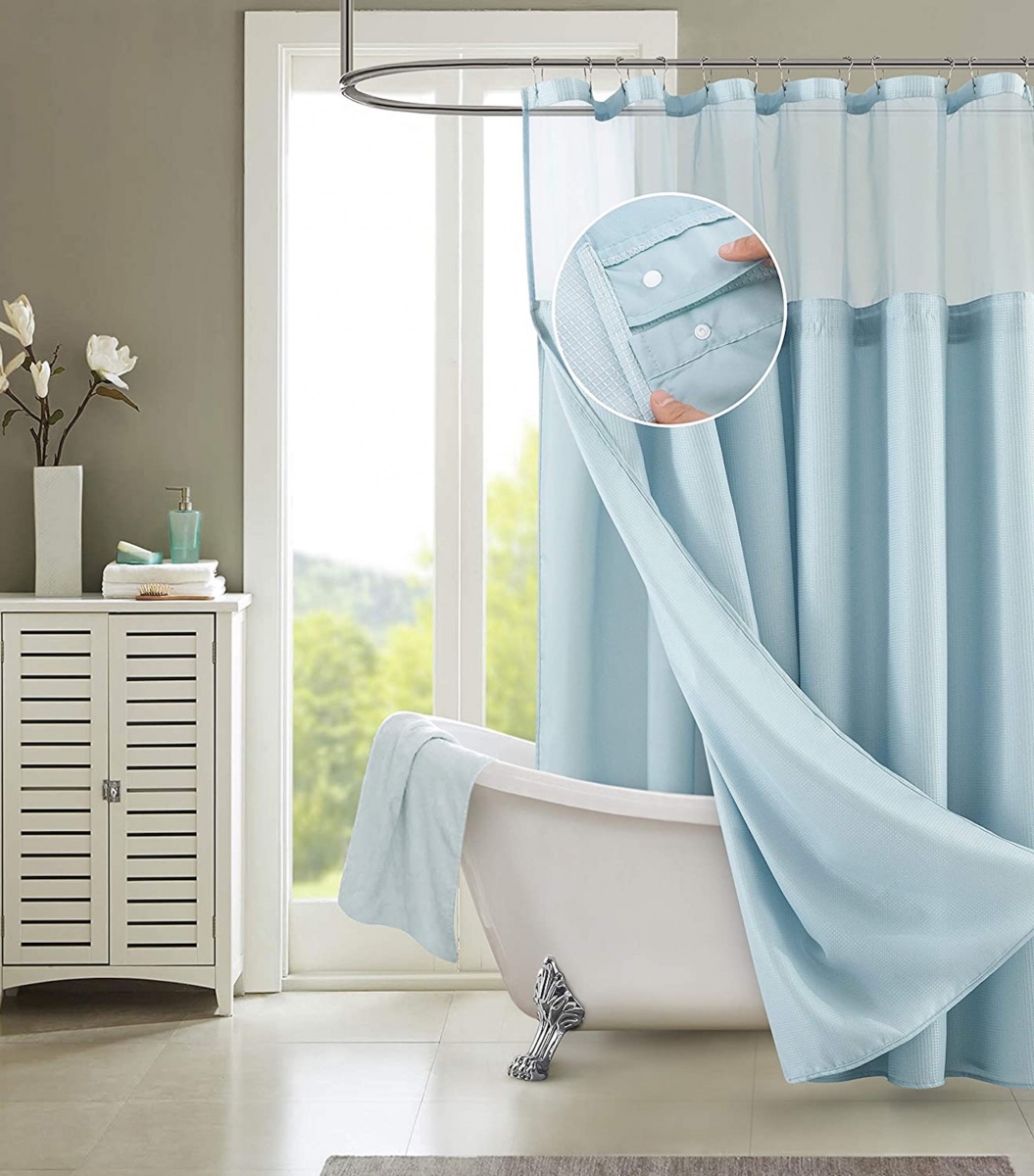 72 x 70 x 1 in. Light Blue Sheer & Grid Shower Curtain & Liner Set