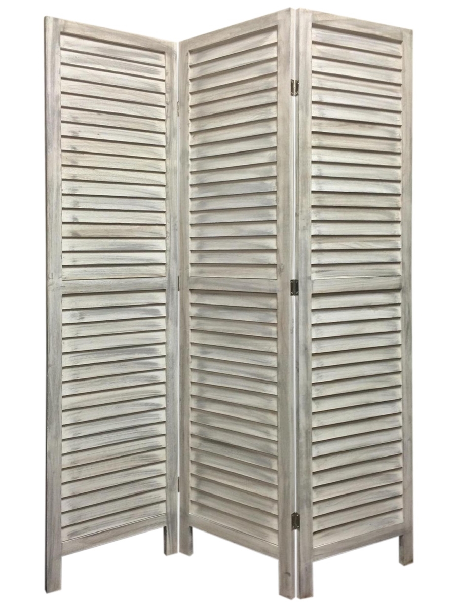 415075 Stylish Three Panel Washed White Shutter Divider Screen