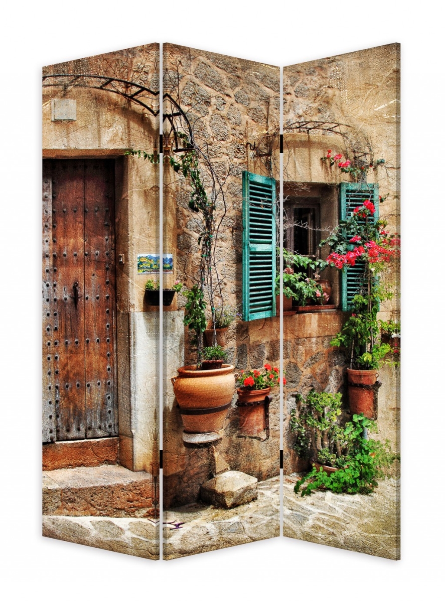 Romantic European Street Three Panel Room Divider Screen, Multi Color