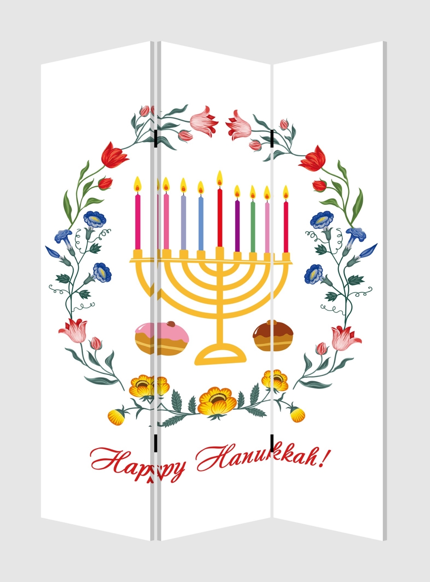 Celebratory Hanukkah Three Panel Room Divider Screen, Multi Color