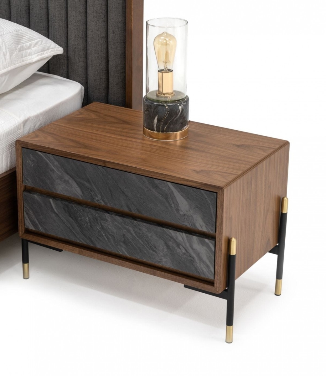 Mid Century Walnut & Gray Faux Marble Two Drawer Nightstand
