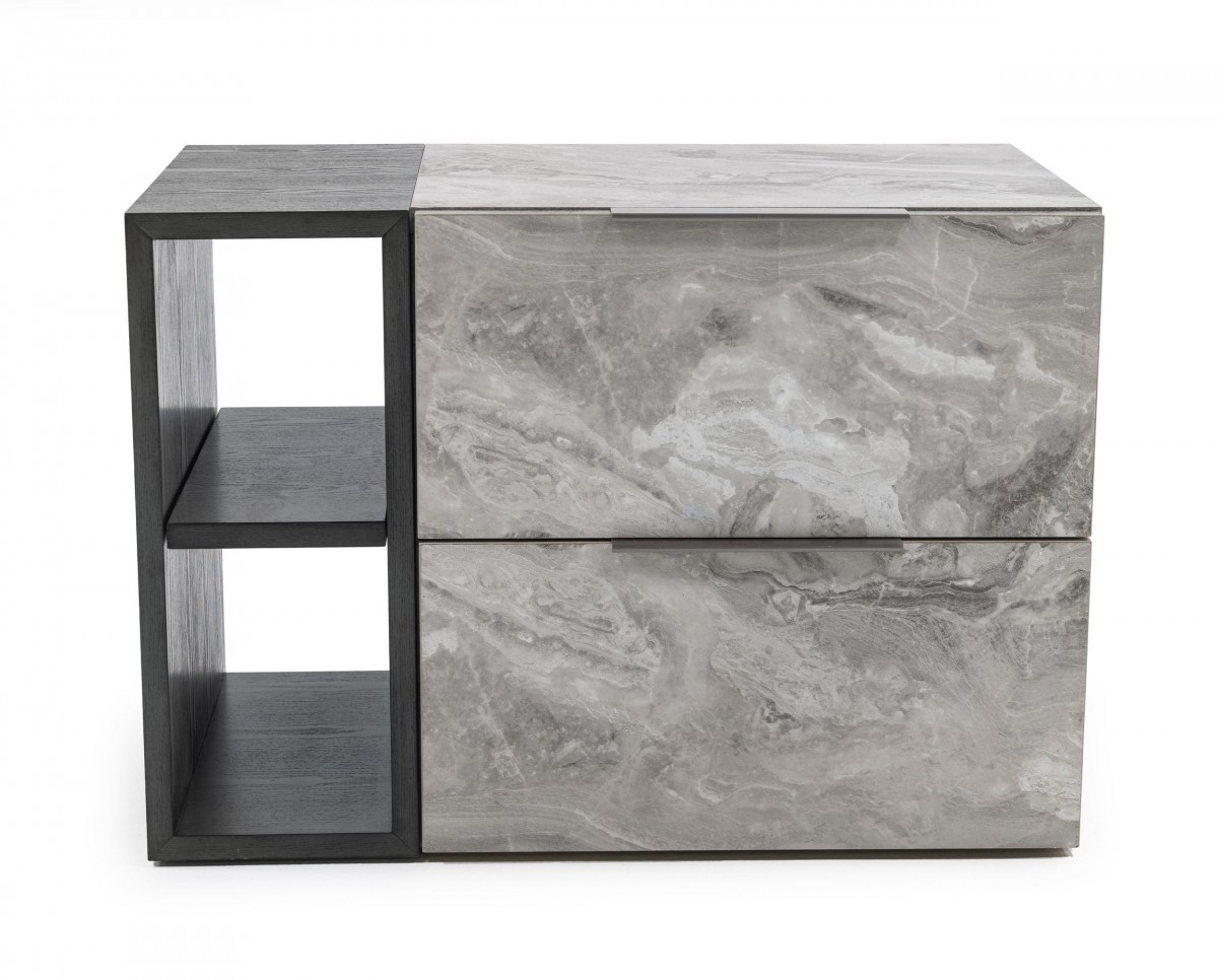Contempo Gray Faux Marble & Gray Two Drawer Nightstand