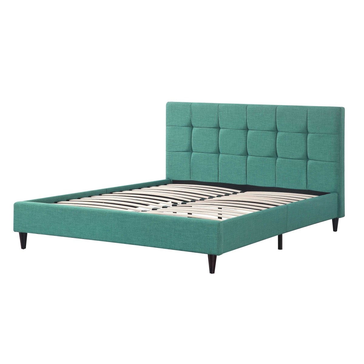 303546 Modern Upholstered Square Stitched Platform Bed with Wooden Slats  Blue - Queen Size