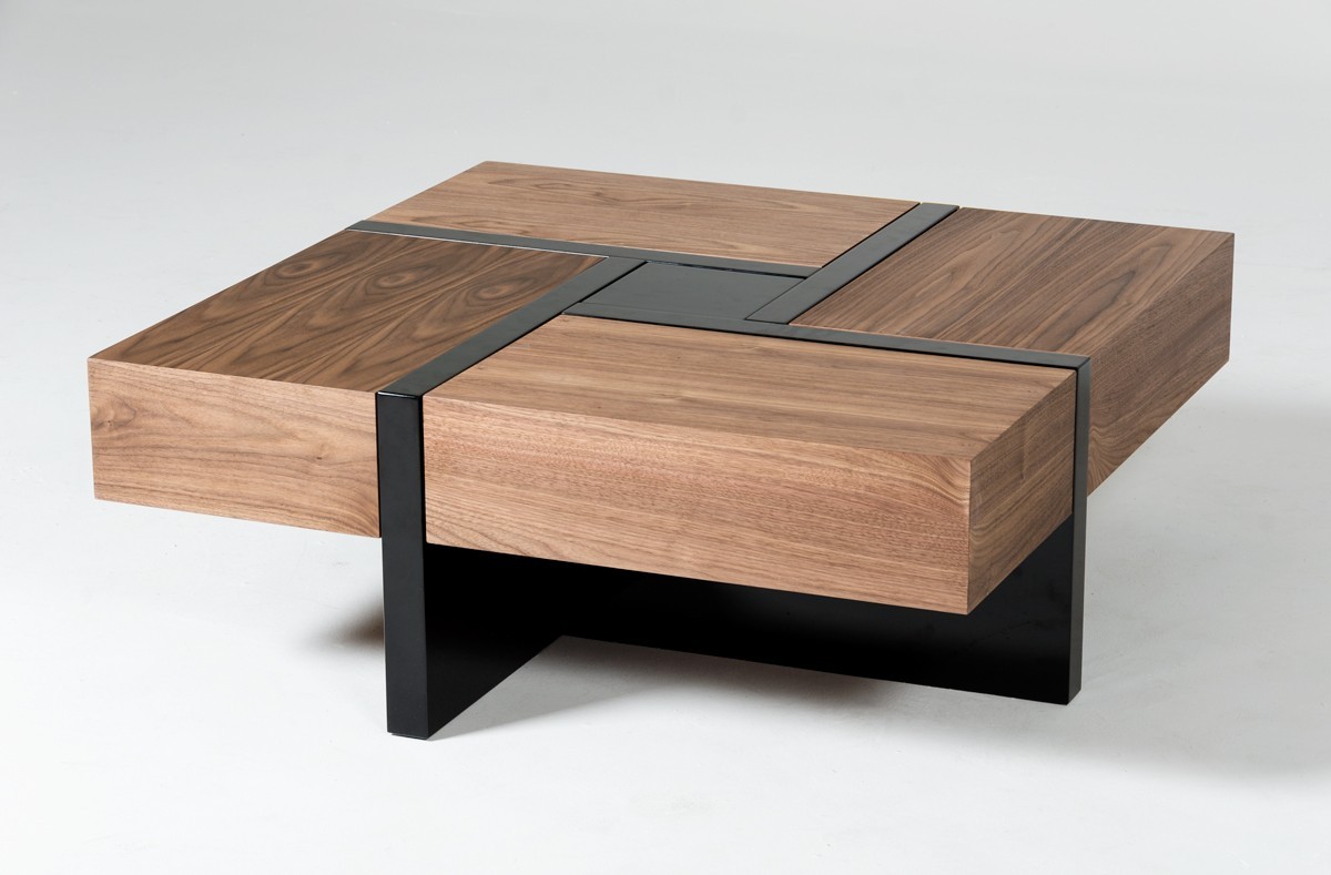 471984 Modern Walnut & Black Square Coffee Table with Storage